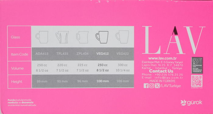 Lav - Set de 6 Vasos con Asa "Vega", Capacidad 250 cc / 250 ml - Colección Vega, Referencia VEG412F (8 Cajas)