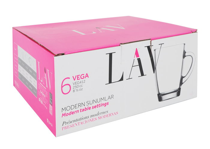 Lav - Set de 6 Vasos con Asa "Vega", Capacidad 250 cc / 250 ml - Colección Vega, Referencia VEG412F (8 Cajas)