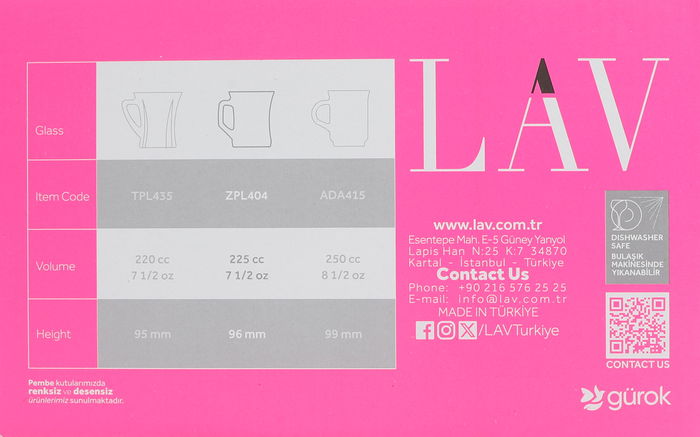 Lav Set 6 Vasos con Asa 225 cc Colección Zen+ Medidas 9.5x7.8x9.5 cm (8 Cajas)