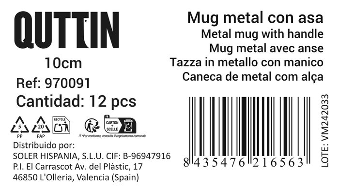 Privilege Taza con Asa de Metal 10 cm, Capacidad 1/4 de Litro (Qt), 10.2 cm de Alto, 14 cm de Ancho, 9.9 cm de Diámetro (36 Unidades)