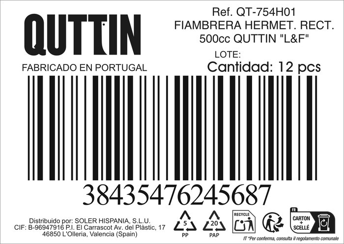 Quttin Fiambrera o Tupp.erma Rect.angular de Pl.ástico, Capac.idad 500 ml (15x10x6 cm) (12 Unidades)