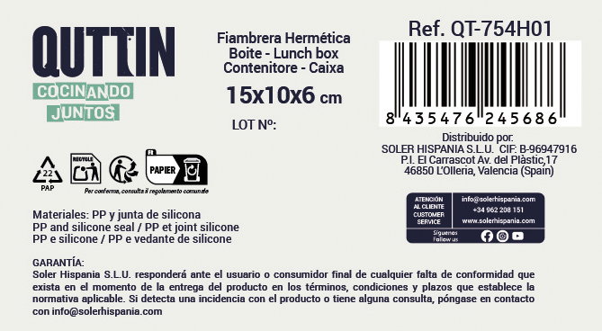 Quttin Fiambrera o Tupp.erma Rect.angular de Pl.ástico, Capac.idad 500 ml (15x10x6 cm) (12 Unidades)