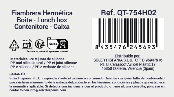 Quttin Fiambrera Hermética Rectangular 1000Cc (12 Unidades)