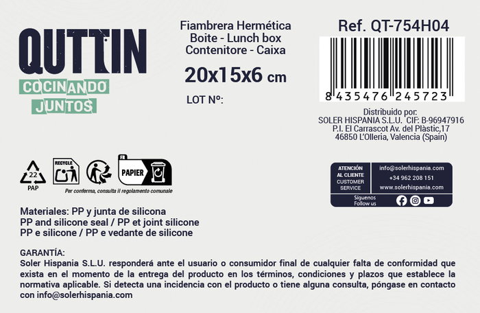 Quttin Fiambrera Hermética Rectangular 1100cc (12 Unidades) Quttin Fiambrera Hermética Rectangular 1100cc (12 Unidades)