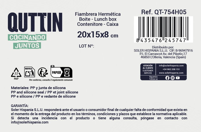 Quttin Fiambrera Hermética Rectangular 1500 cc 20 x 15 x 8 cm (12 Unidades)
