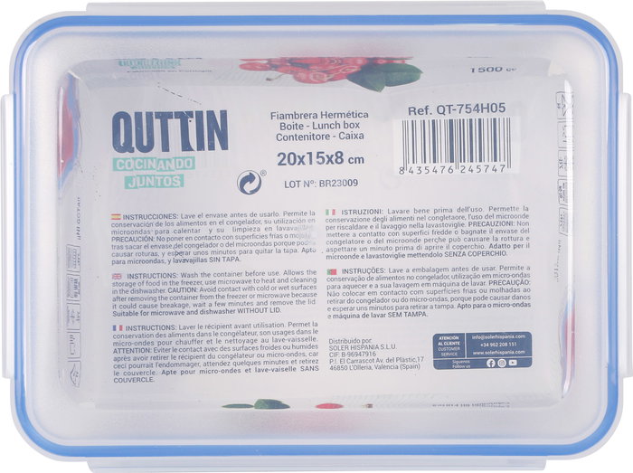 Quttin Fiambrera Hermética Rectangular 1500 cc 20 x 15 x 8 cm (12 Unidades)
