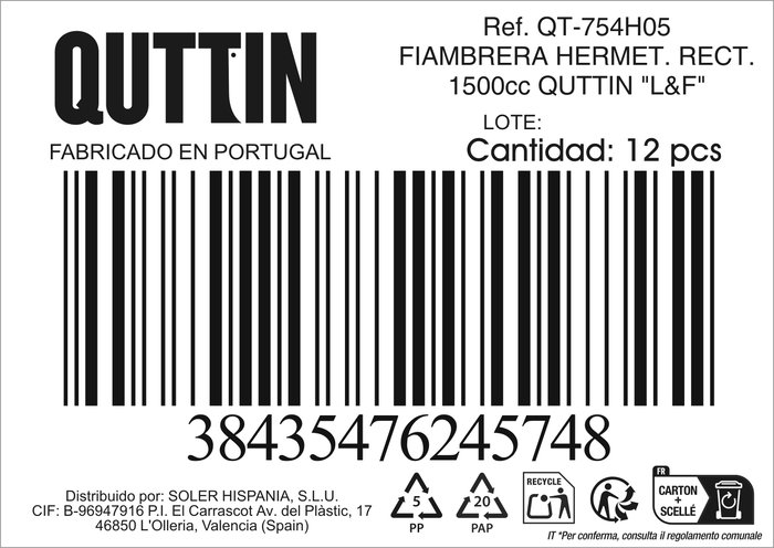 Quttin Fiambrera Hermética Rectangular 1500 cc 20 x 15 x 8 cm (12 Unidades)