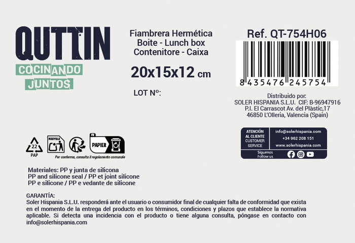 Quttin Fiambrera Hermética Rectangular 2400cc 20 x 15 x 12 cm (12 Unidades)