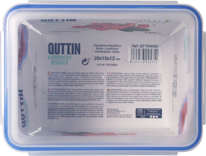 Quttin Fiambrera Hermética Rectangular 2400cc 20 x 15 x 12 cm (12 Unidades)