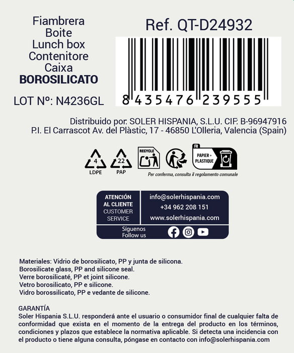 Quttin Fiambrera Rectangular de 2 Compartimentos, 1 Litro (Pack de 6)