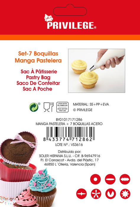 Privilege Manga Pastelera con 7 Boquillas - 20 cm (24 Unidades)