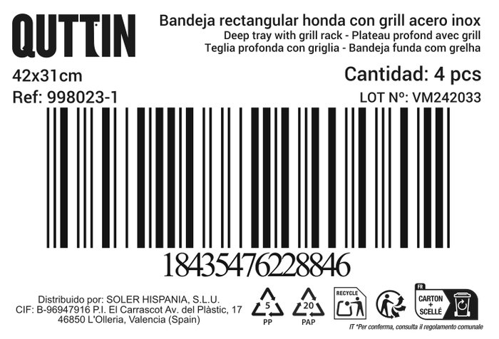 Inde Bandeja Rectangular con Grill 43x31 cm Acero para Horno (4 Unidades)