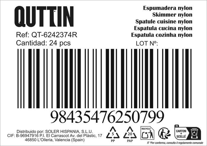 Quttin Espumadera de Nylon Negra, Largo 30.5 cm, Ancho 9.5 cm, Ideal para Cocina Profesional y Hogar (24 Unidades)