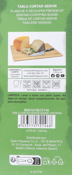 Quttin Tabla de Cortar y Servir de Bambú, 28 x 20 cm (12 Unidades)