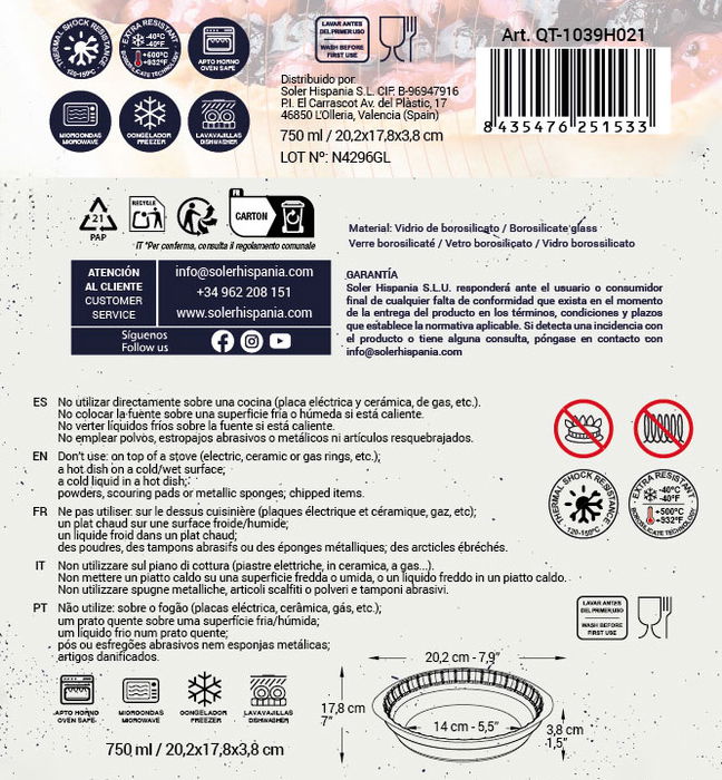 Quttin Fuente Vidrio 20.2 cm x 17.8 cm 750 cc (6 Unidades)