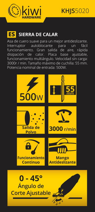 Kiwi Sierra de Calar Eléctrica 500 W, 3000 RPM, Dimensiones: 21.5 cm Ancho x 22.5 cm Alto x 7.5 cm Largo, Peso 15.50 kg