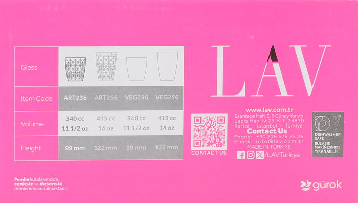 Lav Set 6 Vasos 340 cc "New Art" Colección Artemis ø8.3 x 9.8 cm (8 Cajas)