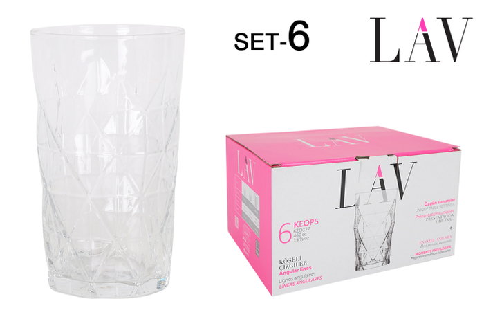 LAV Set 6 Vasos Keops, 460 cc, Vidrio, Dimensiones: 25.1 cm Largo x 17.2 cm Ancho x 14.8 cm Alto (8 Cajas)
