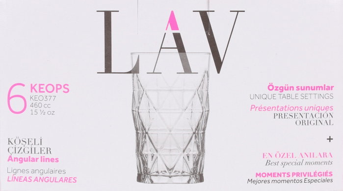 LAV Set 6 Vasos Keops, 460 cc, Vidrio, Dimensiones: 25.1 cm Largo x 17.2 cm Ancho x 14.8 cm Alto (8 Cajas)
