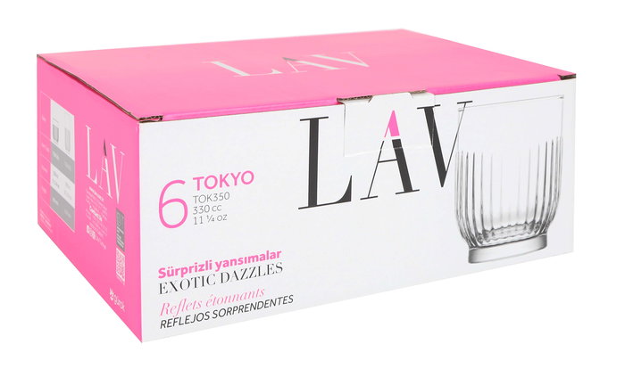 Lav - Set de 6 Vasos Tokio de 330 cc, Colección Tokyo, Dimensiones: 24.8 cm (Largo) x 17 cm (Ancho) x 10.2 cm (Alto) (8 Cajas)