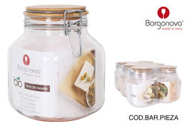 Borgonovo Tarro Hermético Primizie 2000cc con Tapa de Bambú 13x13x17.5 cm (6 Unidades)