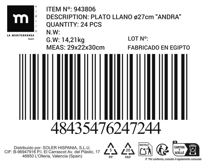 La Mediterranea Plato Llano Andra, 27 cm de diámetro, colección de cerámica (24 Unidades)