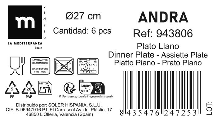 La Mediterranea Plato Llano Andra, 27 cm de diámetro, colección de cerámica (24 Unidades)