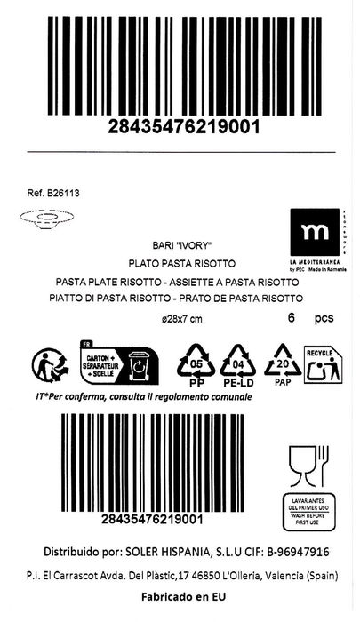 La Mediterranea Plato Pasta Risotto Bari Ivory 28 cm (6 Unidades)