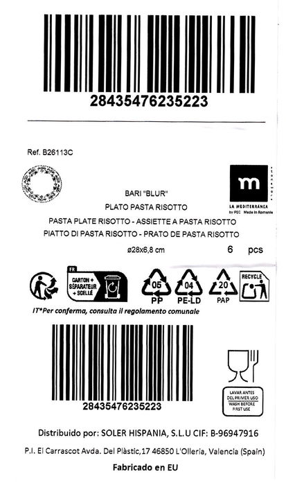 La Mediterranea Plato Pasta Risotto Blur 28 cm (6 Unidades)