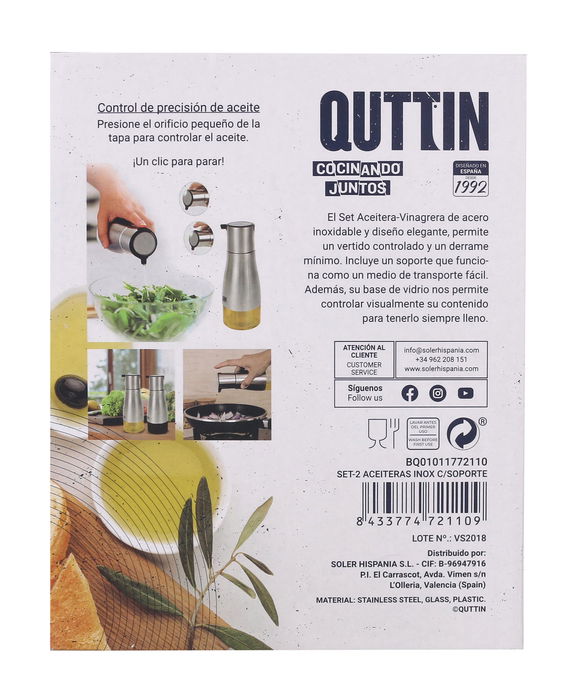 Quttin Set de 2 Aceiteras de Acero Inoxidable con Soporte - 18x9.5x23 cm, 320 ml (12 Unidades)