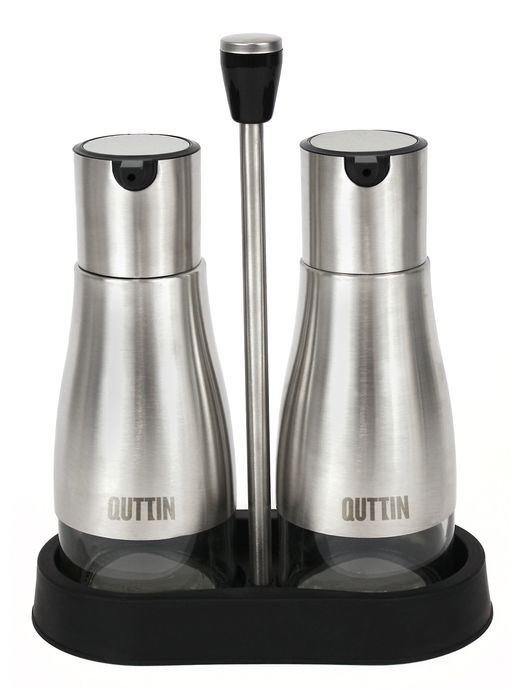 Quttin Set de 2 Aceiteras de Acero Inoxidable con Soporte - 18x9.5x23 cm, 320 ml (12 Unidades)