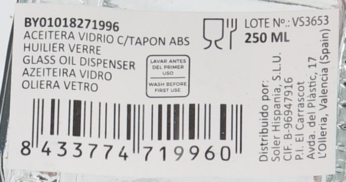 Anna Aceitera de Vidrio 250 ml con Tapon ABS (12 Unidades)