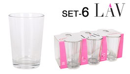 LAV Set de 6 Vasos de Agua "Lara", 205 cc (205ml), Cristal, Medidas: 6.8x6.8x9.7 cm, Peso: 165 g por vaso (8 Cajas)