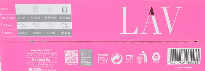 Lav Set de 6 Vasos de Agua Sedef, Capacidad 205 cc, 6.8 cm de Diámetro por 10 cm de Alto, 165 g por Pieza (8 Cajas)