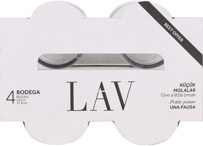 LAV Set de 4 Vasos de Sidra con Capacidad de 510 cl, Modelo Ek Bdg392Cs Best Offer, Medidas Ø 9 x 12 cm, Peso 14.83 kg (12 Cajas)