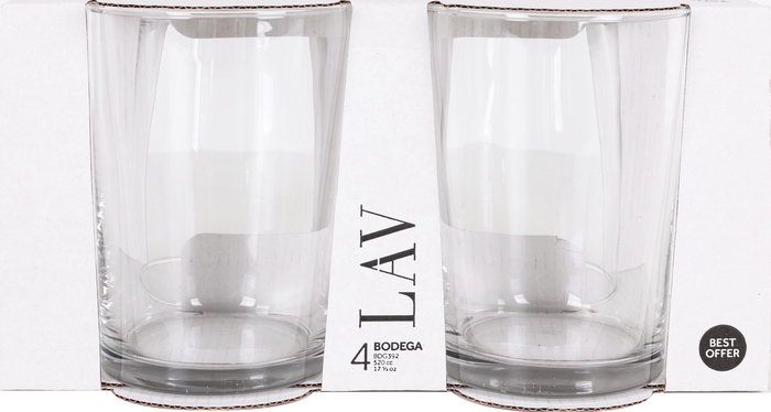 LAV Set de 4 Vasos de Sidra con Capacidad de 510 cl, Modelo Ek Bdg392Cs Best Offer, Medidas Ø 9 x 12 cm, Peso 14.83 kg (12 Cajas)