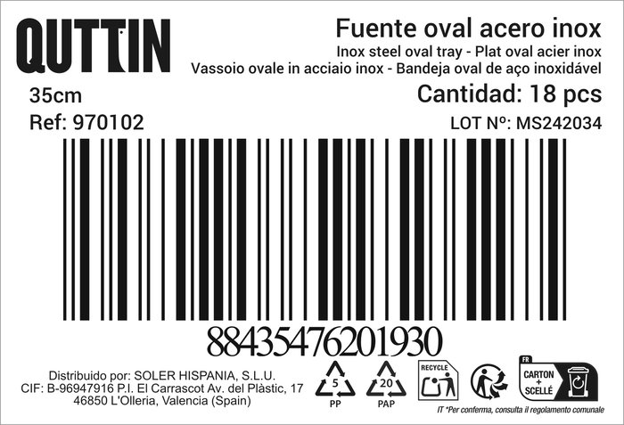 Quttin Fuente Oval Acero Inoxidable 35 x 22.2 cm (18 Unidades)