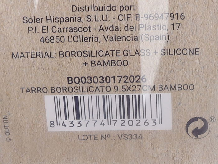 Quttin Tarro Borosilicato con Tapa Bamboo 9.5 x 27 cm 1650ml (12 Unidades)