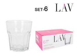 Lav Set de 6 vasos de agua Aras, 305 ml / 305 cc, vidrio, dimensiones 8.7 cm de diámetro x 9.5 cm de alto (8 Cajas)