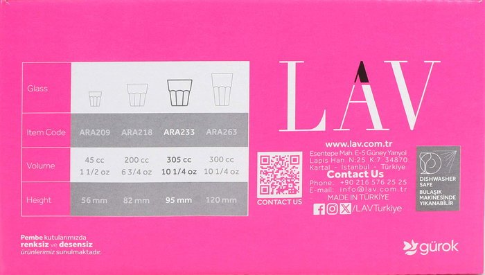 Lav Set de 6 vasos de agua Aras, 305 ml / 305 cc, vidrio, dimensiones 8.7 cm de diámetro x 9.5 cm de alto (8 Cajas)