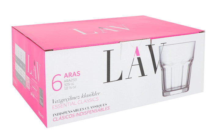 Lav Set de 6 vasos de agua Aras, 305 ml / 305 cc, vidrio, dimensiones 8.7 cm de diámetro x 9.5 cm de alto (8 Cajas)