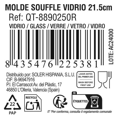 Quttin Molde Soufflé de Vidrio, 2.9 Litros, 21.5 cm de Diámetro x 11.3 cm, para Hornear (4 Unidades)