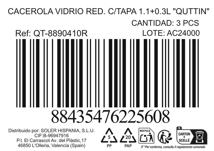 Quttin Cacerola de Vidrio con Tapa 1.1+0.3L 20.9x17.8x8.4cm (3 Unidades)