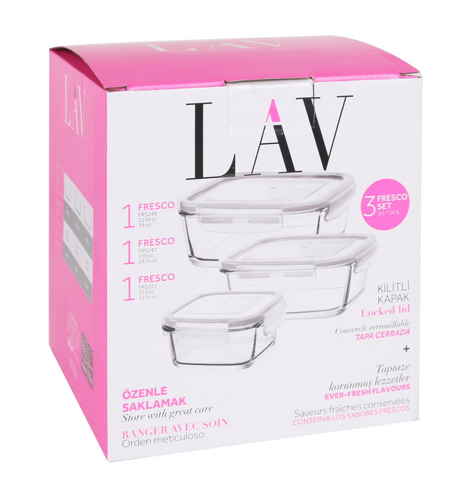 LAV Set de 3 Fiambreras Herméticas Tapa Fresco, 375 ml + 7 - 11.5x5.3 cm, 4.2x6 cm, 17x6 cm - 14.56 kg (8 Cajas)