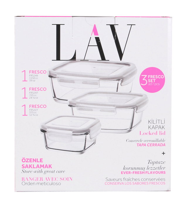 LAV Set de 3 Fiambreras Herméticas Tapa Fresco, 375 ml + 7 - 11.5x5.3 cm, 4.2x6 cm, 17x6 cm - 14.56 kg (8 Cajas)