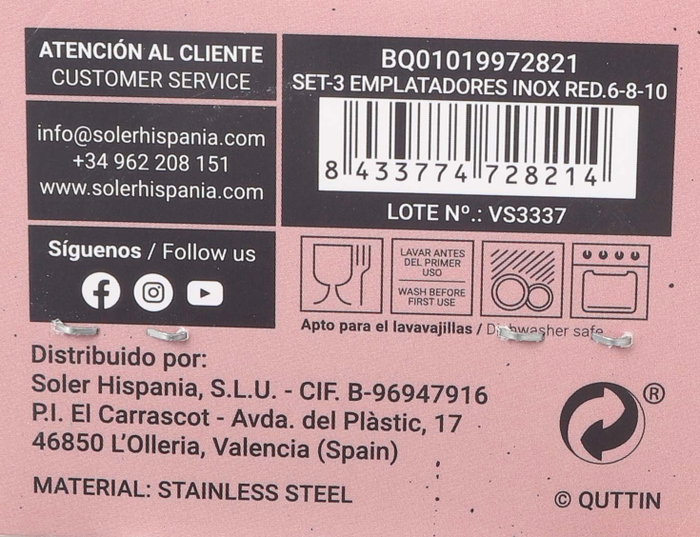 Quttin Set de 3 Emplatadores Inox Red.6-8-1 de Acero Inoxidable