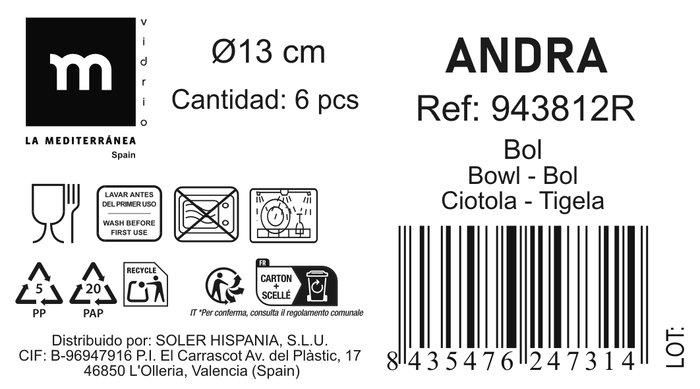 La Mediterranea Bol Ø13 cm / 375 ml "Andra" (24 Unidades)