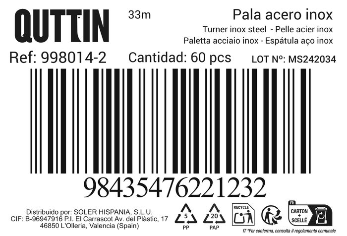 Privilege Pala 33 cm Acero Inoxidable Qutti, Modelo (F) Prb-180, Medidas 32.8 x 7.9 cm, Peso 70 g por Pieza, 180 Unidades (60 Unidades)