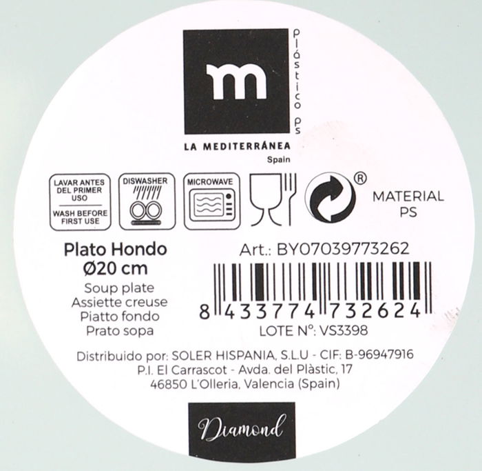 La Mediterranea Plato Hondo 20 cm PS Diamond Surtido 3 (24 Unidades)