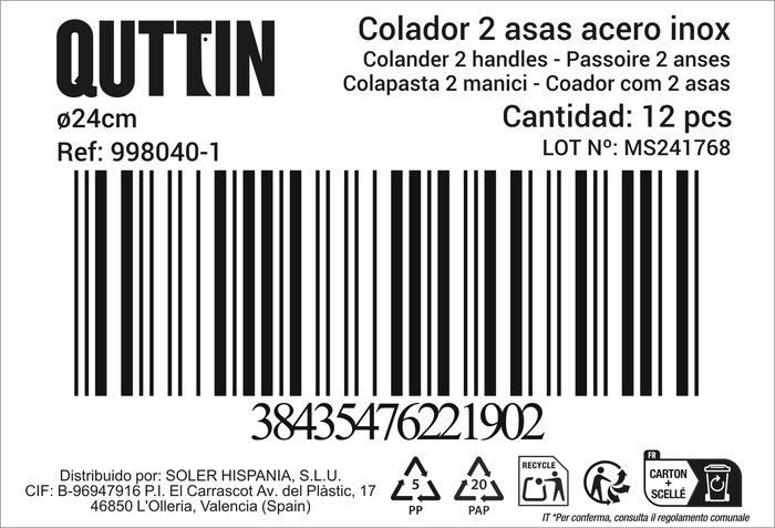 Quttin Colador Acero con Asas Ø24 cm (12 Unidades)